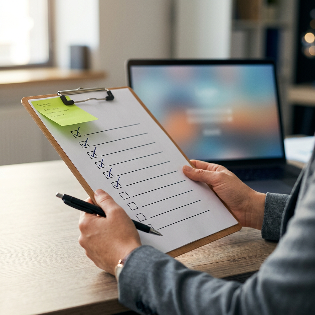 A marketer's hands holding a printed single-page checklist on a clipboard, with several checkboxes physically ticked in pen and a few remaining blank. A laptop sits open on the desk behind the clipboard, its screen blurred and turned slightly away, showing only soft color gradients suggesting an analytics interface.