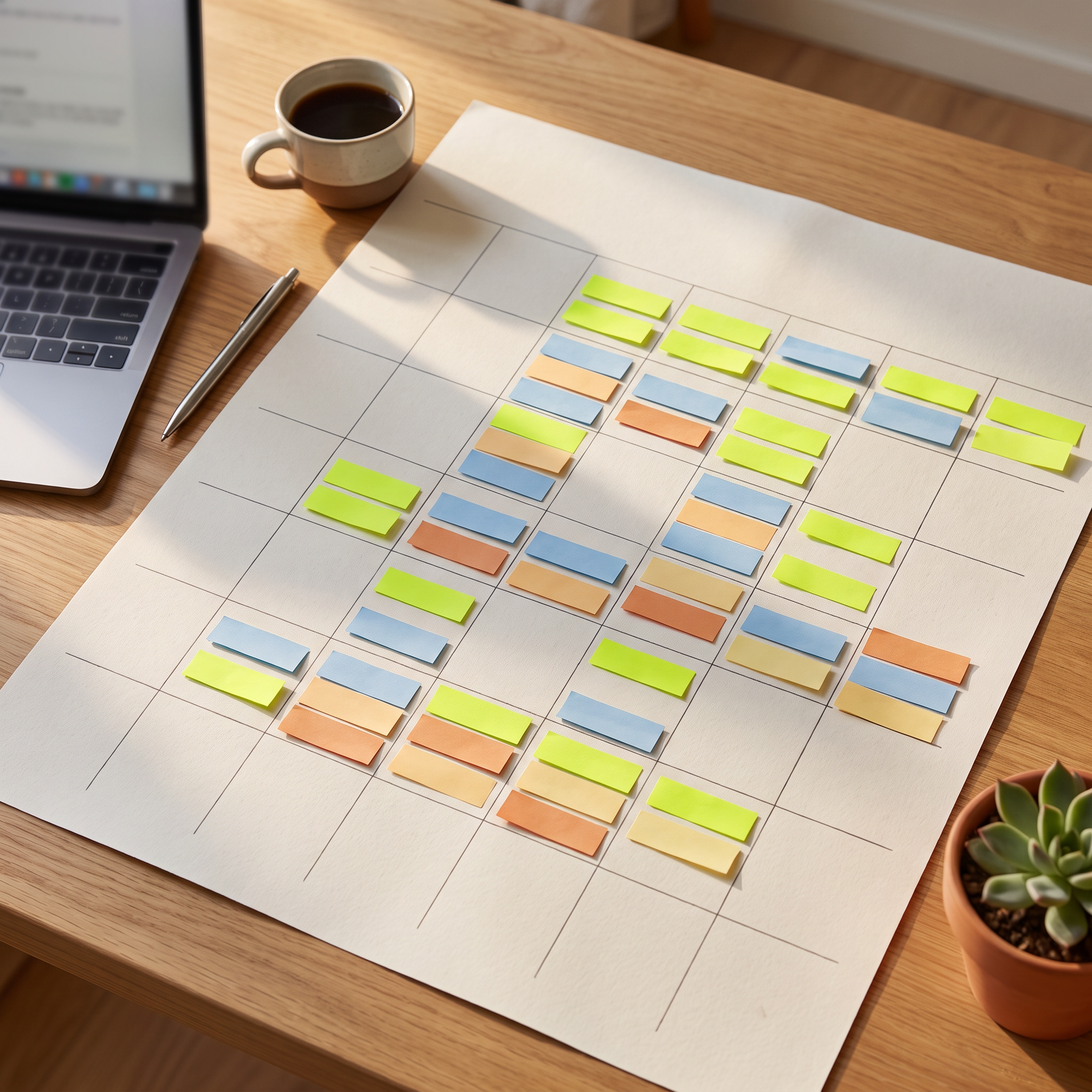 A flat-lay editorial shot of a content calendar grid printed on heavy paper, covering a wooden desk, with colorful sticky notes arranged in rows representing ad concepts and rotation dates, a laptop at the edge of frame showing a blurred, softly out-of-focus ad-management interface, a coffee cup, a pen, and a small potted succulent anchoring one corner