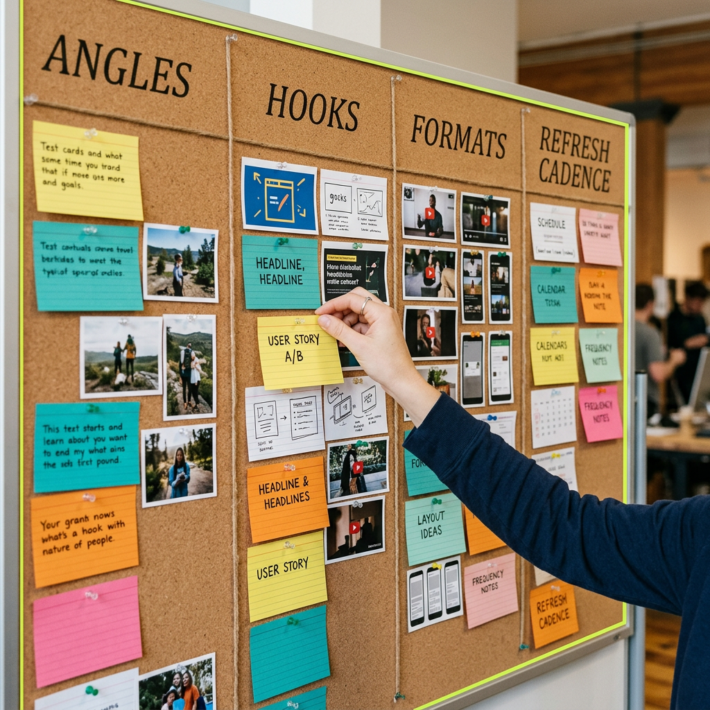 A wall-mounted planning board divided into four labeled columns (Angles, Hooks, Formats, Refresh Cadence) with colorful index cards and printed thumbnail images pinned beneath each heading, a hand reaching up to reposition one card