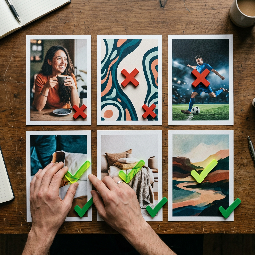 A creative director's hands laying out five printed ad mockups on a large desk, sorting them into two rows — one marked with small physical red X tokens, the other with small green checkmark tokens made of painted wood or acrylic (no legible text)