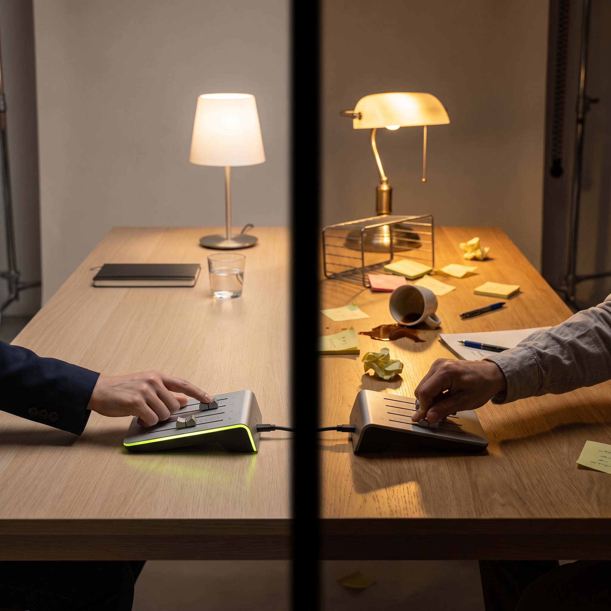 A split diptych scene on a single studio table: on the left, a marketer's hand calmly and steadily nudges a physical slider/fader device upward while a small desk lamp casts a smooth, even glow; on the right, the same type of slider is yanked abruptly by a second hand, papers and coffee scattered, the light flickering harsher and warmer, suggesting instability — the two halves lit and styled to visually rhyme with a rising versus crashing motion, without any literal graph or chart present