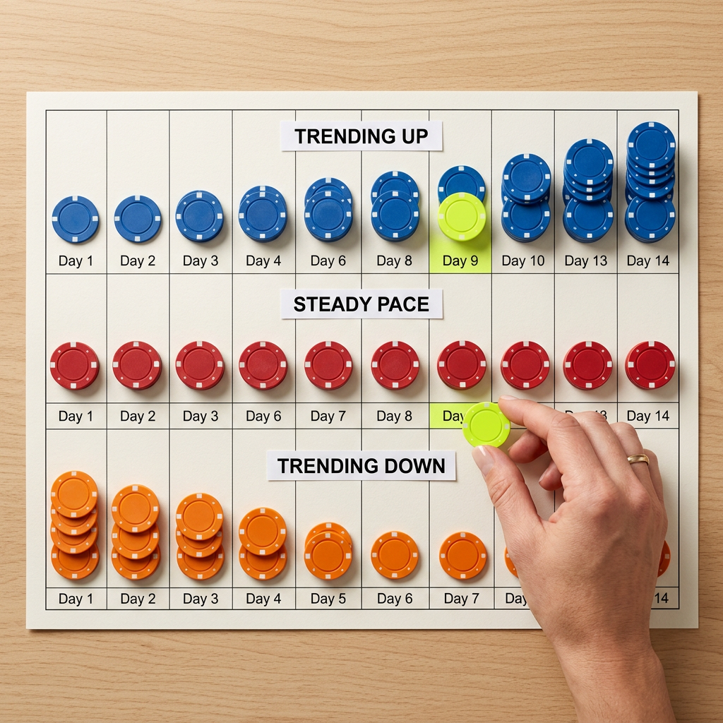 An overhead flat-lay of a marketer's desk showing three printed strips of paper laid in parallel rows like tracks — one labeled area showing a smoothly ascending row of small physical markers (poker chips or stones stacked in gradually increasing height), a second row showing evenly spaced identical markers, and a third row showing markers trending gently downward — arranged over a 14-day physical calendar grid printed with dates only (no chart lines or axis labels), with a hand adjusting one chip on day 9