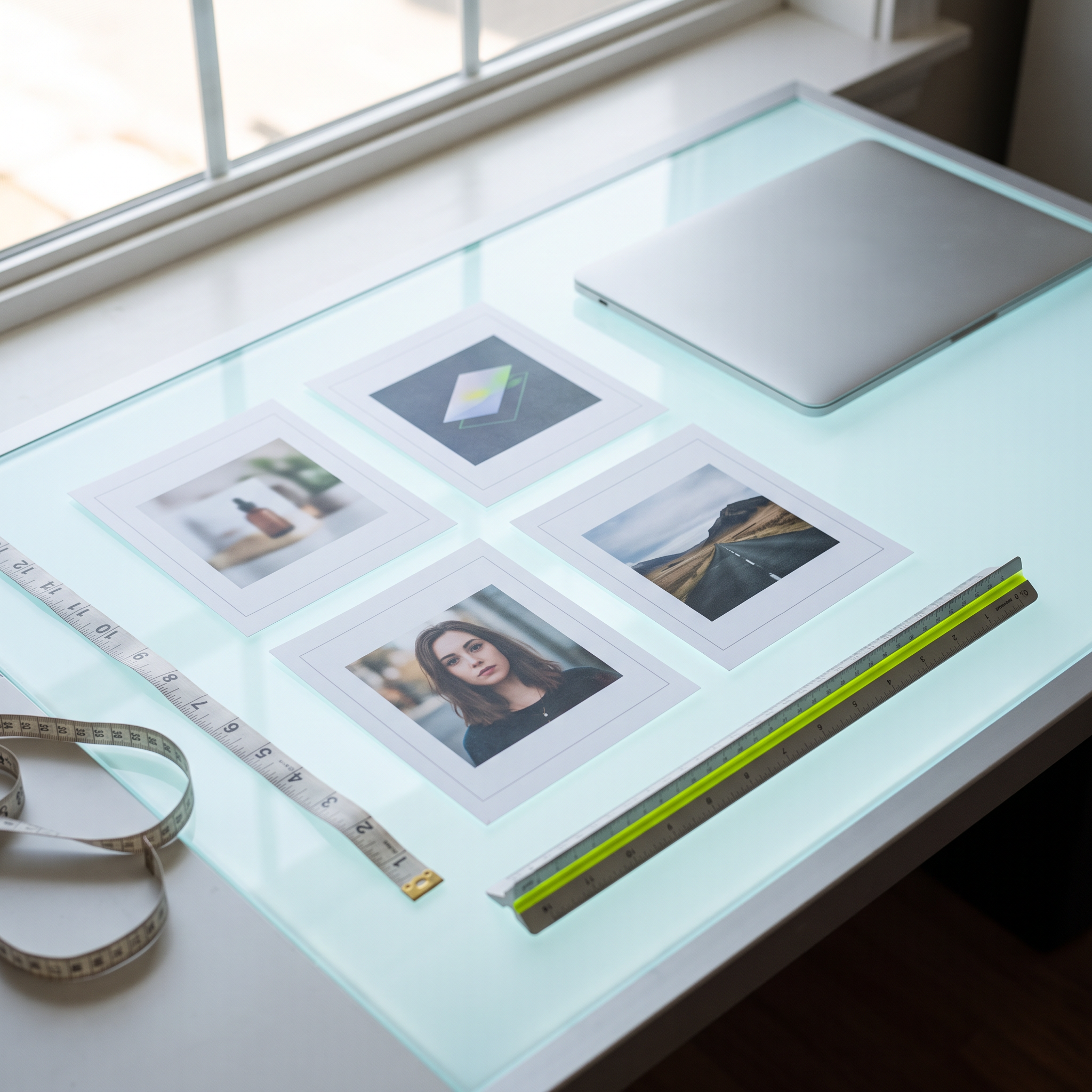 A creative strategist's desk setup showing four identical-size printed ad creative mockups laid out in a precise grid on a light table, each photo variant subtly different (different hook image, same layout structure), with a laptop closed beside them and a measuring tape and ruler suggesting careful standardization