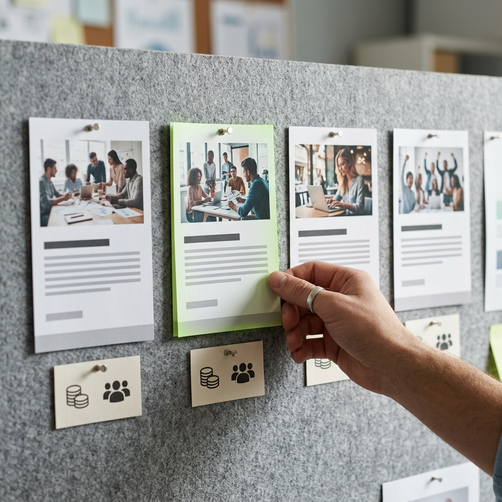 A marketer's hands adjusting one physical printed ad card within a row of four nearly identical mockups pinned to a felt board, with small matching labels (blank tags, no legible text) beneath each denoting identical budget and audience icons, while only the top creative image differs across the four
