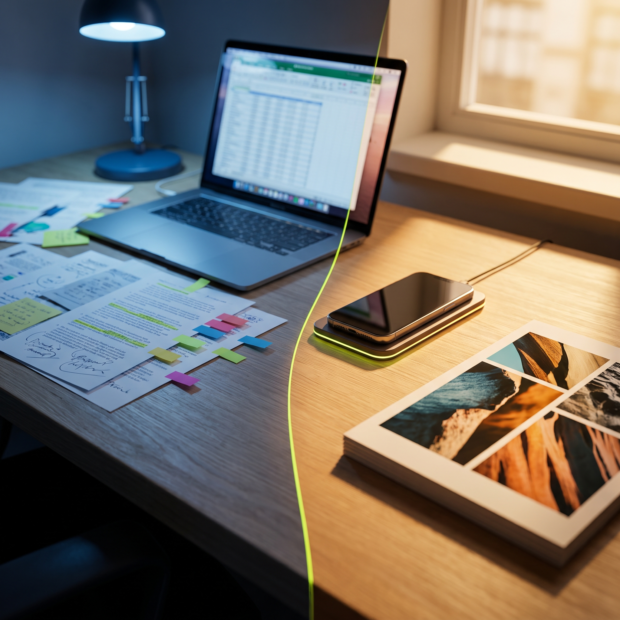 A creative director's desk split naturally by lighting: on the left, printed customer research pages with sticky notes and highlighted phrases scattered beside a laptop showing a blurred spreadsheet glow; on the right, a smartphone propped on a small stand, screen face-down with just a warm edge-lit glow, resting near a printed ad mockup card with bold cropped photography (no legible text)