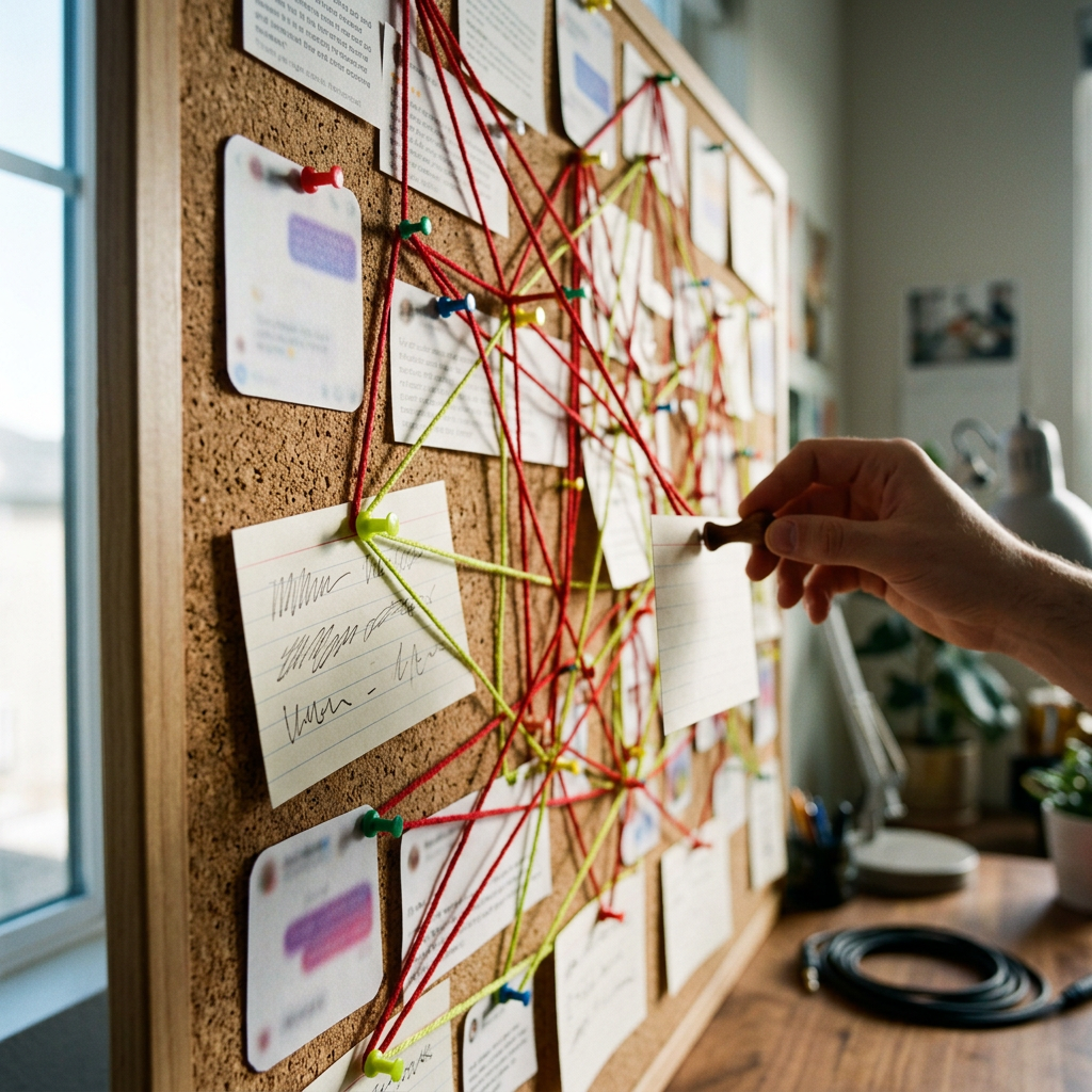 A close-up corkboard mounted above a studio desk, covered with printed customer review snippets, screenshotted DM bubbles (blurred/illegible), and index cards with early scribbled hook phrases, all connected by red and lime string in a research web