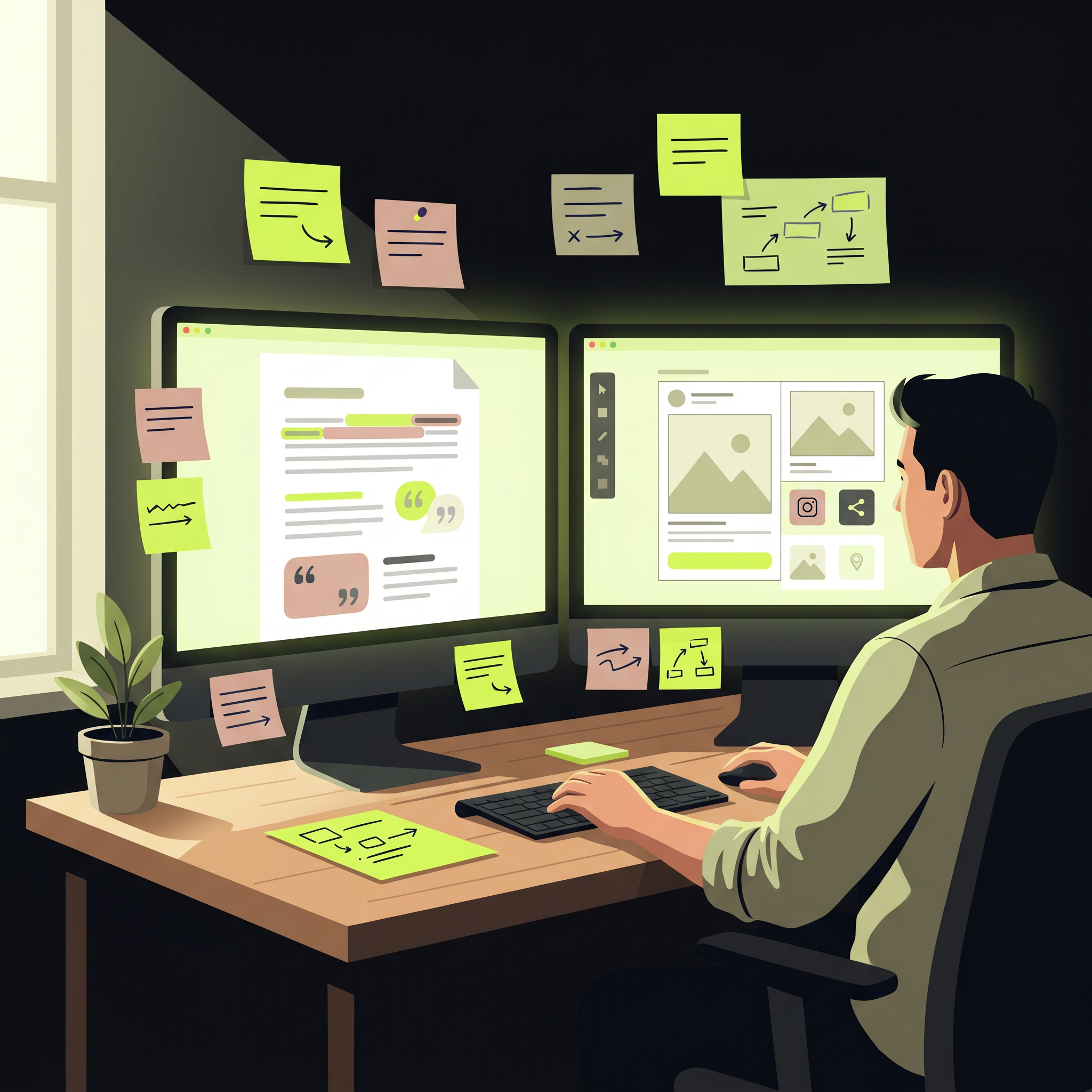 A performance marketer at a desk with two monitors, one showing a detailed ICP document with customer quotes highlighted, the other showing a Facebook ad creative in production, with sticky notes around the workspace listing pain points and hook angles, shot in natural office light with a clean, editorial feel