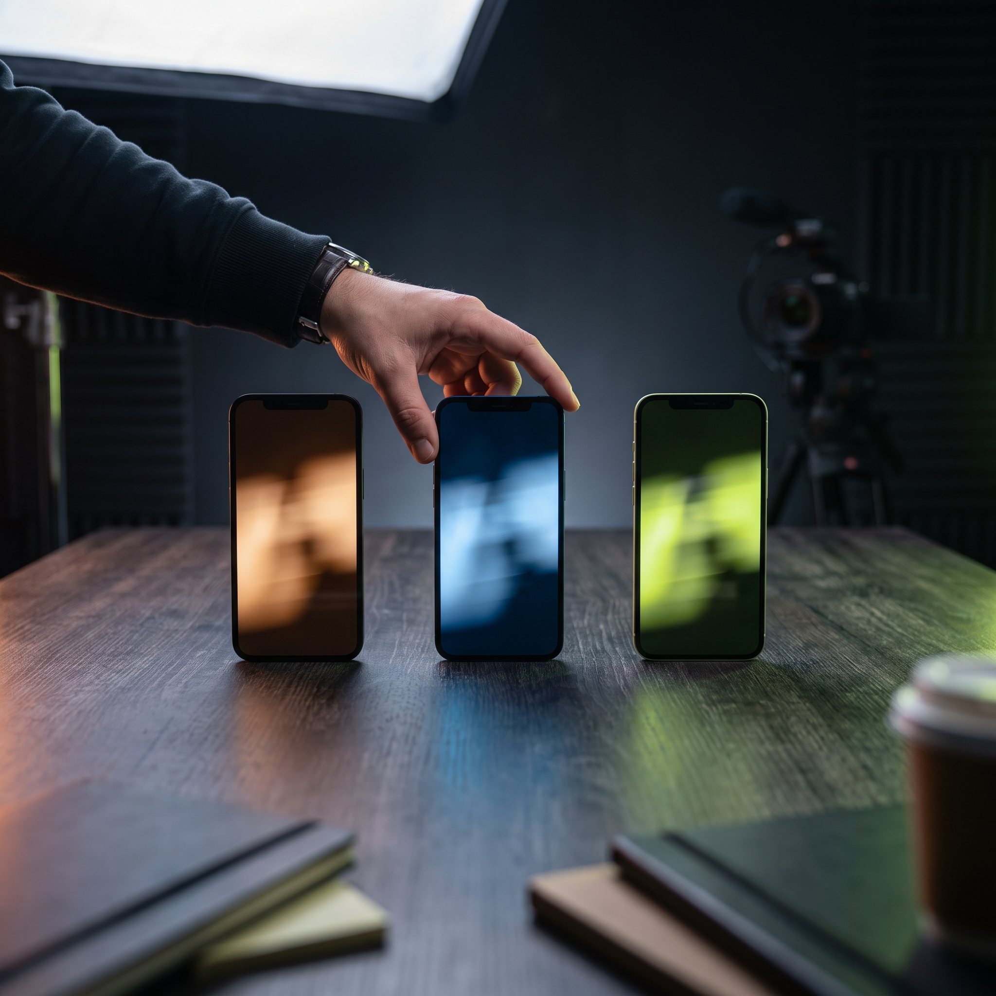 Three smartphones arranged in a clean row on a dark studio table, each face showing a soft blurred glow of content on screen (no readable UI), representing a Reel, a Story, and a Feed carousel side by side, with a creative director's hand adjusting the center phone's angle