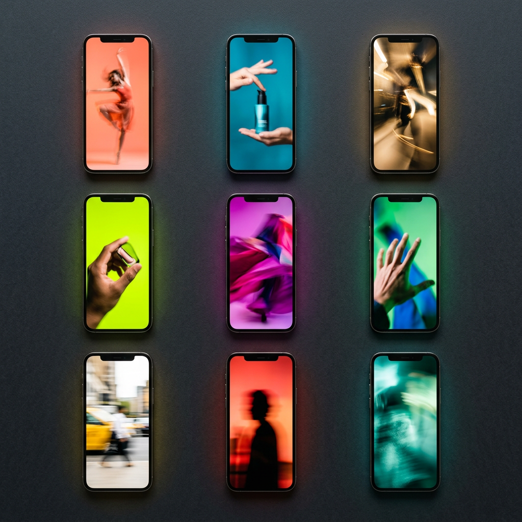 An overhead flat-lay of nine smartphones arranged in a precise 3x3 grid on a matte charcoal surface, each screen glowing with a different blurred action moment (a hand gesture, a product reveal, a motion blur of fabric or light) suggesting distinct video hook frames without any legible text