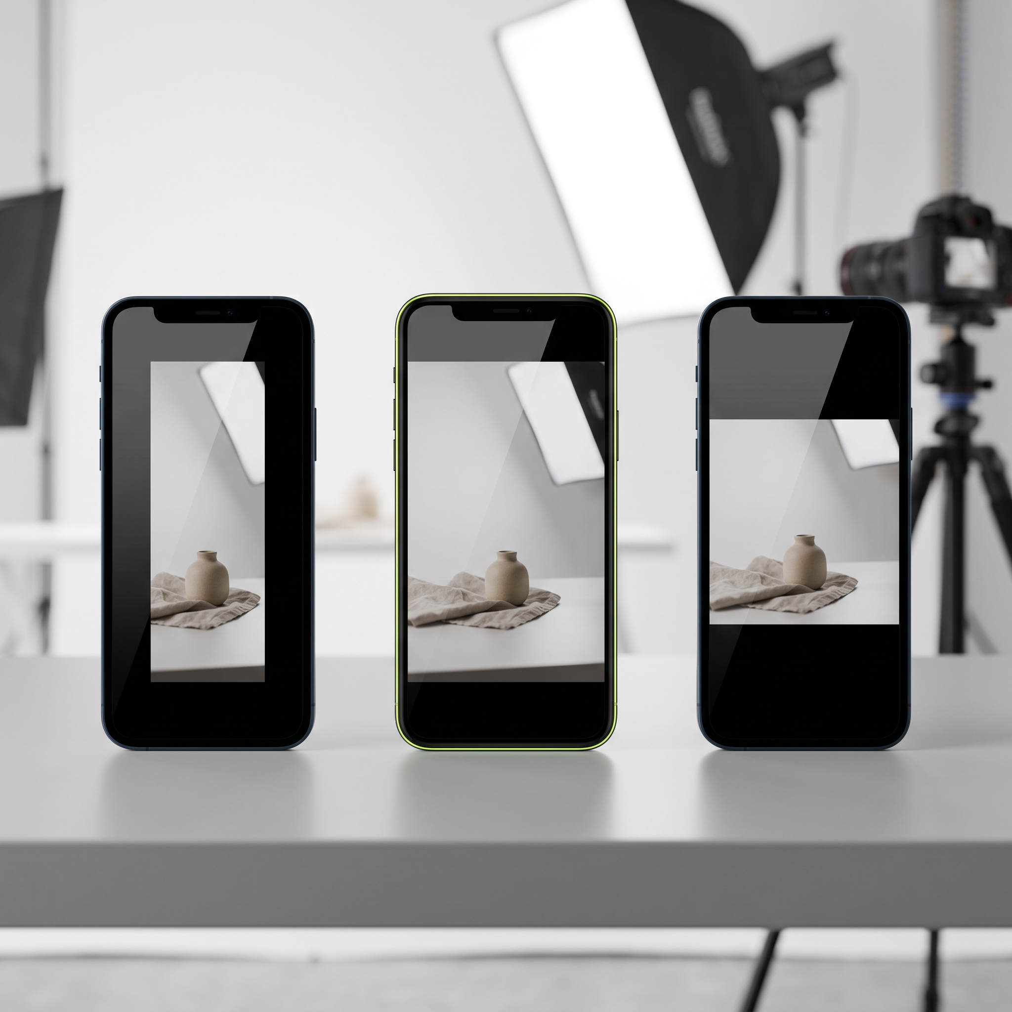 Three smartphones standing upright side by side on a clean studio table, each screen turned subtly away or dimmed so no UI is readable, but each phone visibly cropped and framed differently — one tall and narrow, one with slightly more headroom, one squarer — echoing the same product photo shot on set in the background (a small styled product with softbox lighting visible behind the phones)