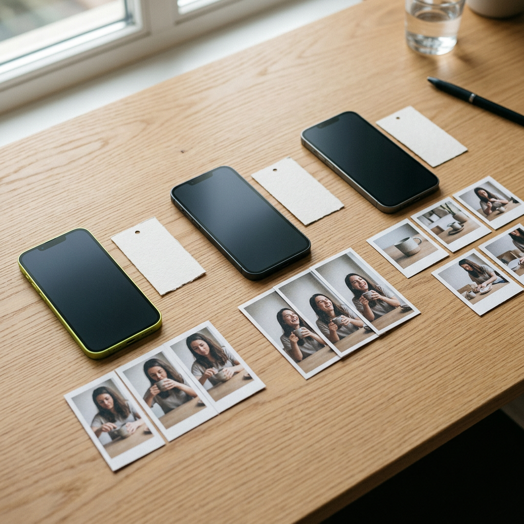 Three phone mockups arranged in a row on a light wooden desk, each screen off or angled away from camera, with small printed paper tags beside each phone (blank, no readable text) suggesting labels for Reels, Stories, and Feed, alongside scattered printed storyboard frames showing the same product shot cropped differently