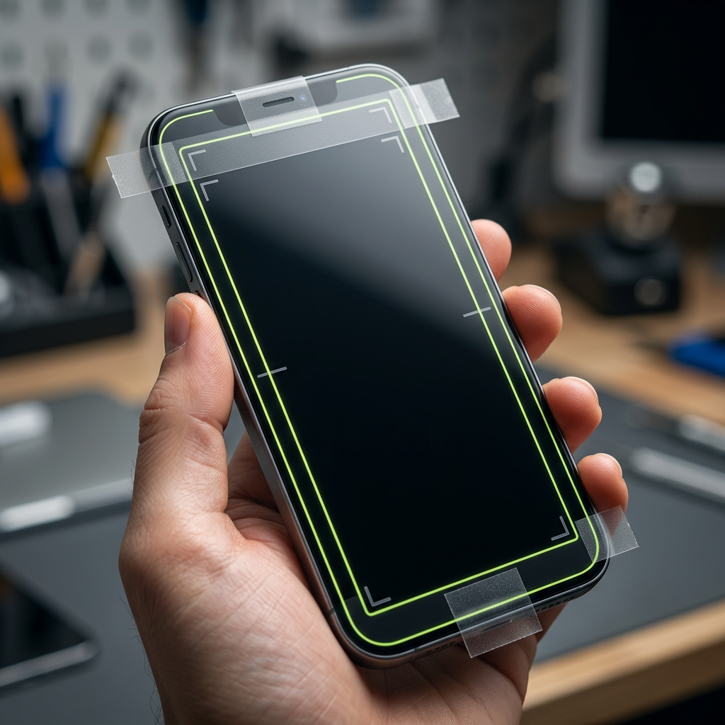 Extreme close-up of a single smartphone held in hand, screen dimmed/blurred to hide UI, with a thin printed transparent overlay sheet taped over the top and bottom edges of the screen showing marked margin lines (plain geometric brackets, no numbers or text) to indicate safe zones for interface overlap