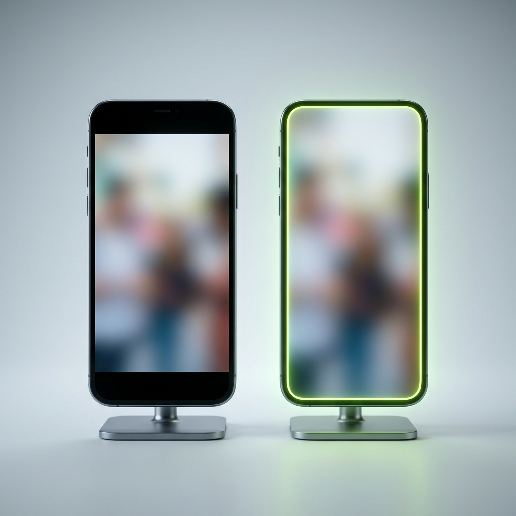 Two smartphones mounted side by side on small tabletop stands, both screens angled away or dimmed to soft glowing rectangles of blurred color, one phone framed with visible thin black letterbox bars top and bottom, the other showing an edge-to-edge glowing frame that fills the entire screen