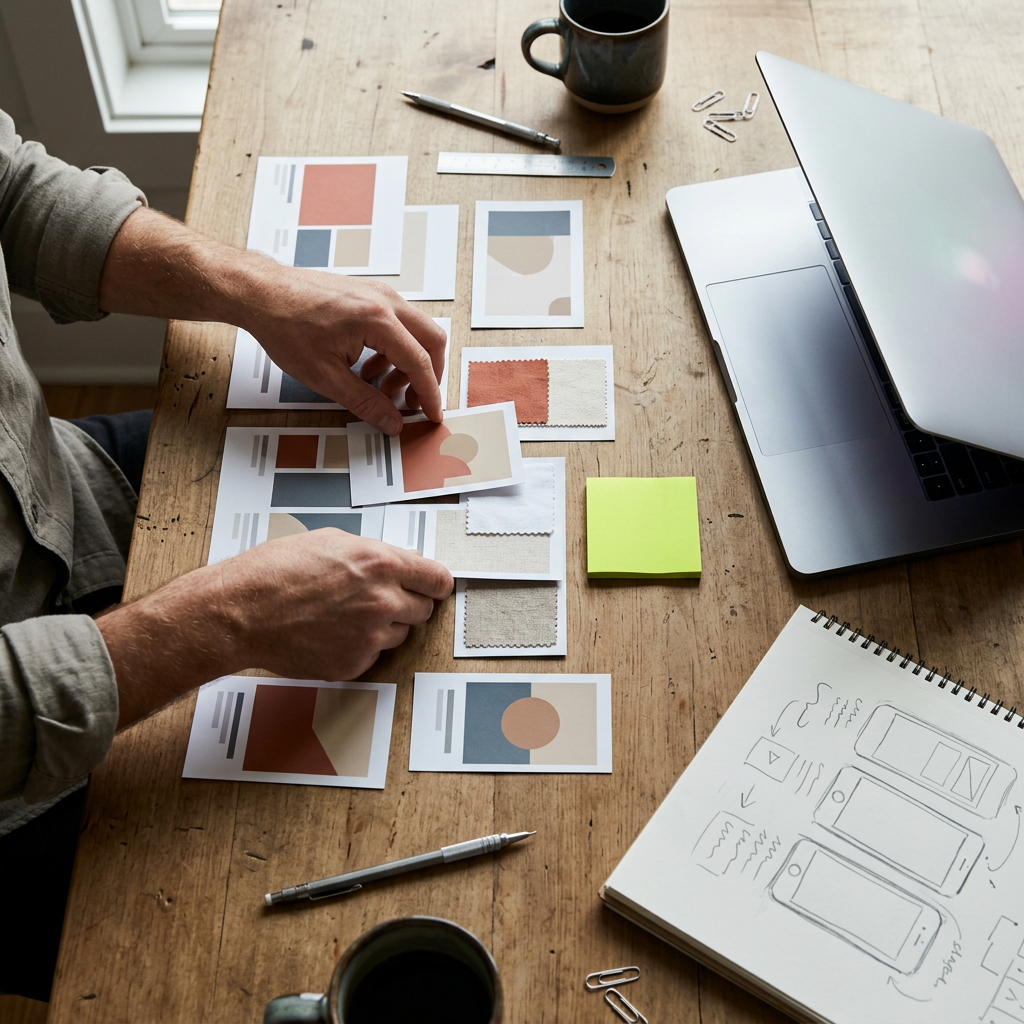 A designer's hands at a desk arranging small printed cards and swatches representing ad placement options, next to a laptop with its screen tilted away and glowing softly, a notebook with handwritten sketches of a vertical phone outline nearby