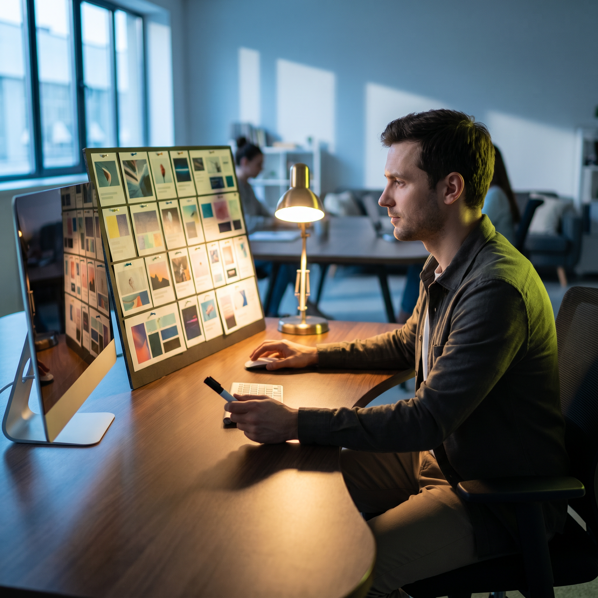 A focused performance marketer seated at a wide curved desk in a modern open-plan agency, studying a large external monitor displaying a tightly packed grid of printed ad creative mockups pinned to a foam board propped beside the screen; the actual monitor face is angled slightly away so no UI is legible