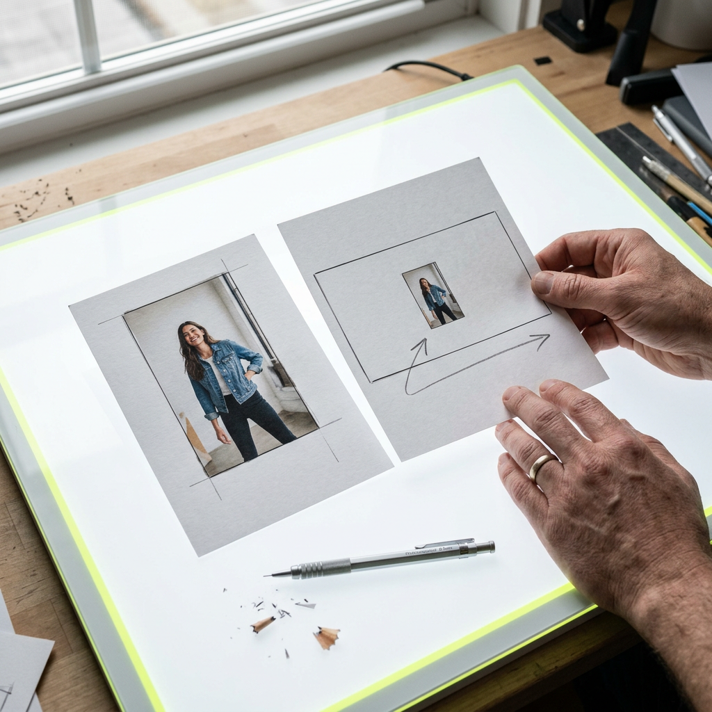 A creative producer's hands holding two printed ad storyboard cards side by side over a light table: the left card shows a tall vertical 9:16 frame with the subject filling edge-to-edge and generous headroom, the right card shows a wide landscape frame with the same subject shrunk to a small centered rectangle surrounded by empty space, making the cropping problem physically tangible
