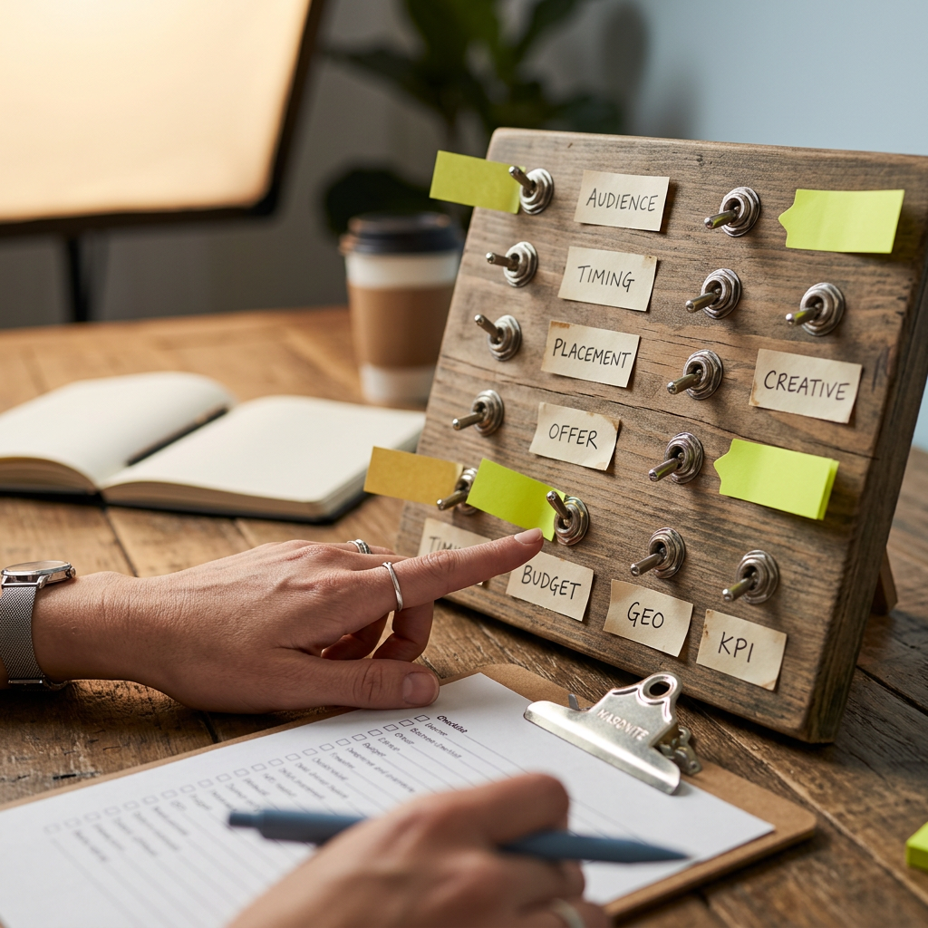A creative strategist's hand resting beside a physical printed checklist on a clipboard, with small toggle-switch props (real physical rocker switches mounted on a slim panel board) arranged in two columns labeled with handwritten paper tags — some switches flipped up (on) and some down (off) — representing ad optimization settings in a tangible, non-digital metaphor