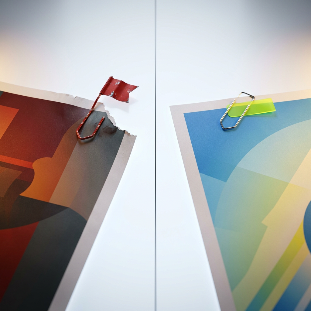 Two printed ad creative mockups laid side by side on a lightbox or studio table — one with a red flag clip or torn corner marking it as rejected, the other pristine and clipped neatly with a small electric-lime tab marking it approved