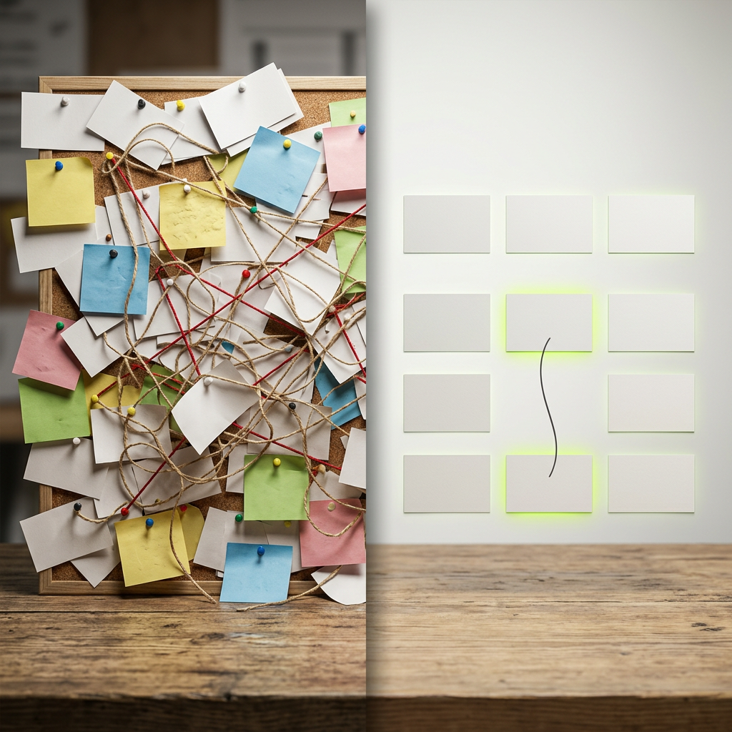 A split studio table shot: left side shows a chaotic sprawl of many small printed campaign cards, sticky notes, and tangled string pinned loosely to a corkboard section; right side shows a tidy, minimal arrangement of just a few clean cards aligned in neat rows with one elegant connecting line