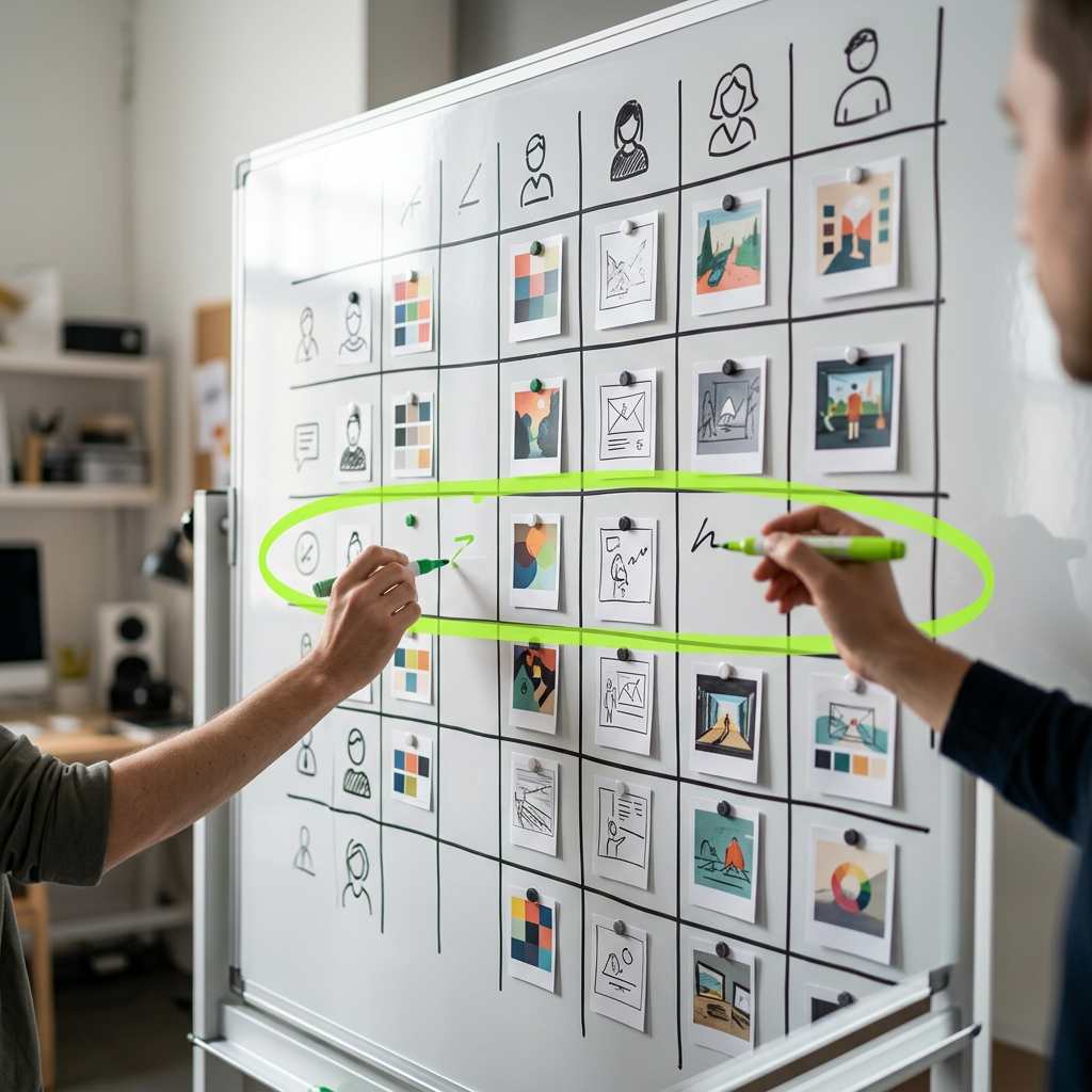 A whiteboard mounted on a studio wall showing a hand-drawn testing matrix grid with rows and columns, small printed creative thumbnails and audience icons pinned into cells, one row circled in lime marker to show a single isolated variable change