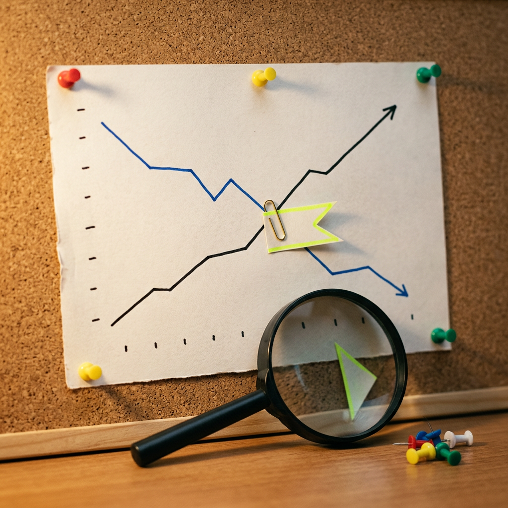 A physical printed line chart plotted on paper pinned to a corkboard, two intersecting curves drawn in ink representing rising cost metrics and declining engagement, with a small handwritten flag marker clipped at the crossover point, surrounded by pushpins and a magnifying glass resting nearby