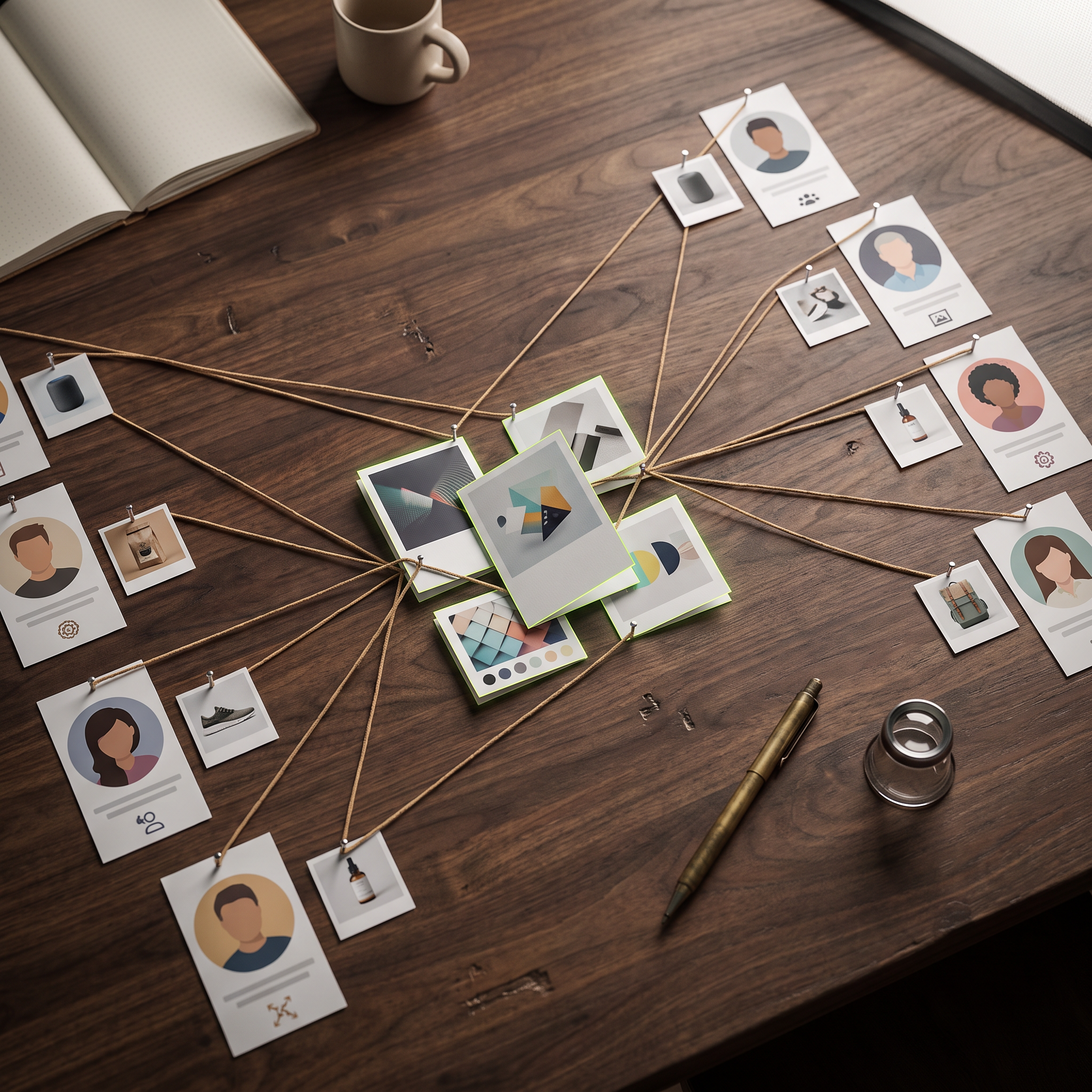 A creative strategist's desk viewed from above, showing printed customer-persona cards and small product-thumbnail prints arranged in a branching, tree-like layout connected by lengths of thin string pinned at nodes, suggesting a hierarchy of interest signals flowing toward a cluster of ad-creative mockup cards at the center