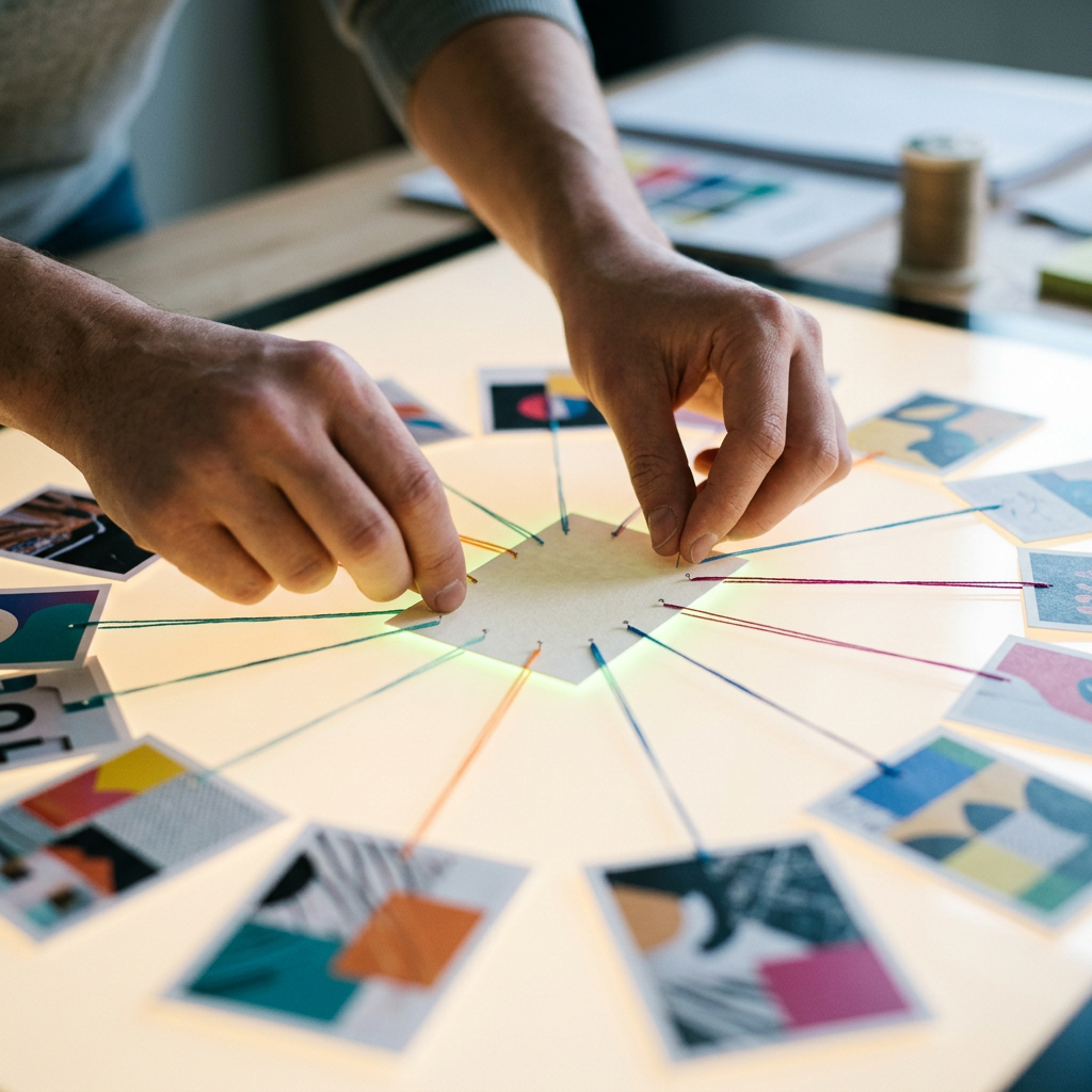 A close-up of a designer's hands arranging a small cluster of printed creative tiles around a central blank placeholder card on a light table, with thin colored threads connecting the surrounding tiles back to the center card like spokes, evoking a unified signal hub feeding outward into distinct ad variations