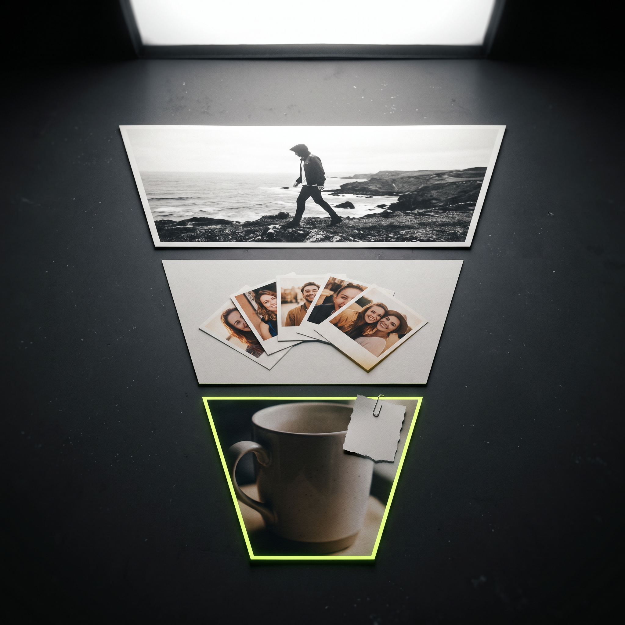 Three distinct printed ad mockup cards arranged in a descending funnel layout on a dark studio table — top card is a bold, high-contrast lifestyle photo print, middle card shows a stack of testimonial-style portrait photo prints fanned like a carousel, bottom card features a product shot with a small torn-paper discount tag physically clipped to the corner