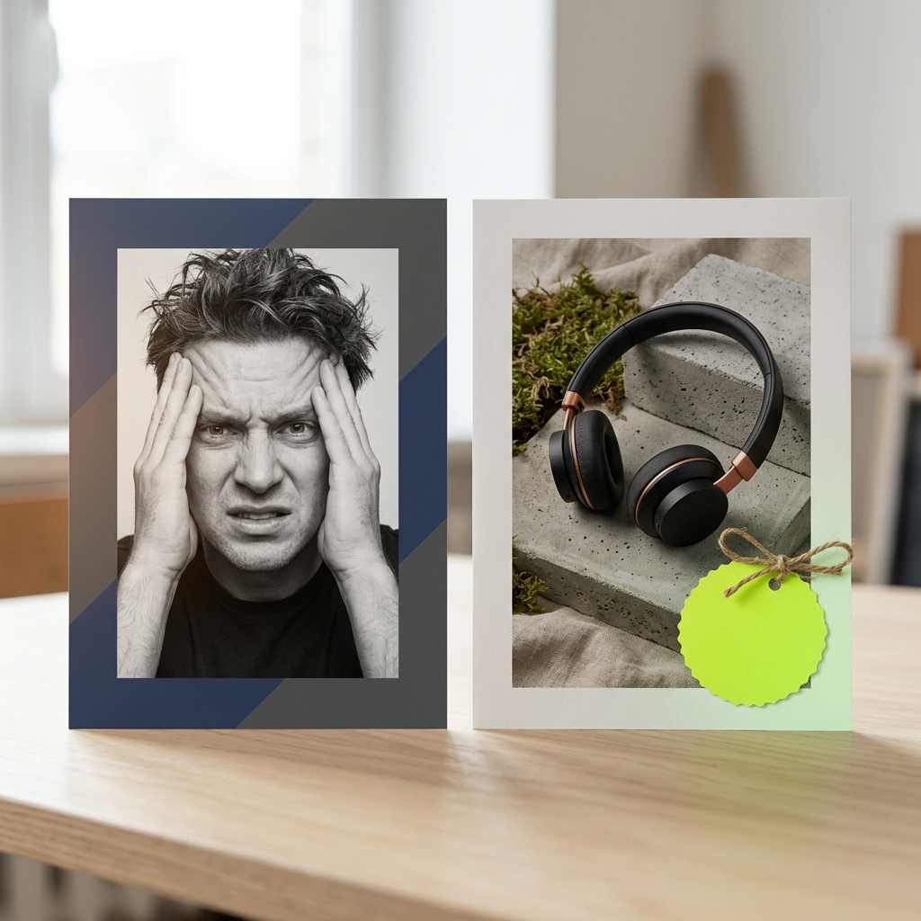 Two printed ad thumbnail mockups placed side by side on a light studio surface — left one is bold and graphic with a large expressive photo of a frustrated-looking subject (problem-focused energy, big shapes, no legible text), right one is product-focused with a hand-cut circular badge shape in electric-lime attached to the corner suggesting urgency and discount