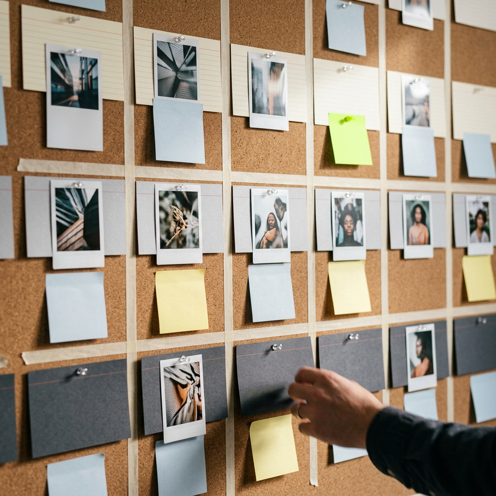 A physical planning grid made of real index cards and sticky notes arranged in rows on a large cork or felt board — three horizontal rows (represented by different card colors: cream, light gray, charcoal) crossed with vertical weekly columns made of thin string or washi tape, small printed photo thumbnails pinned at intersections representing different asset types