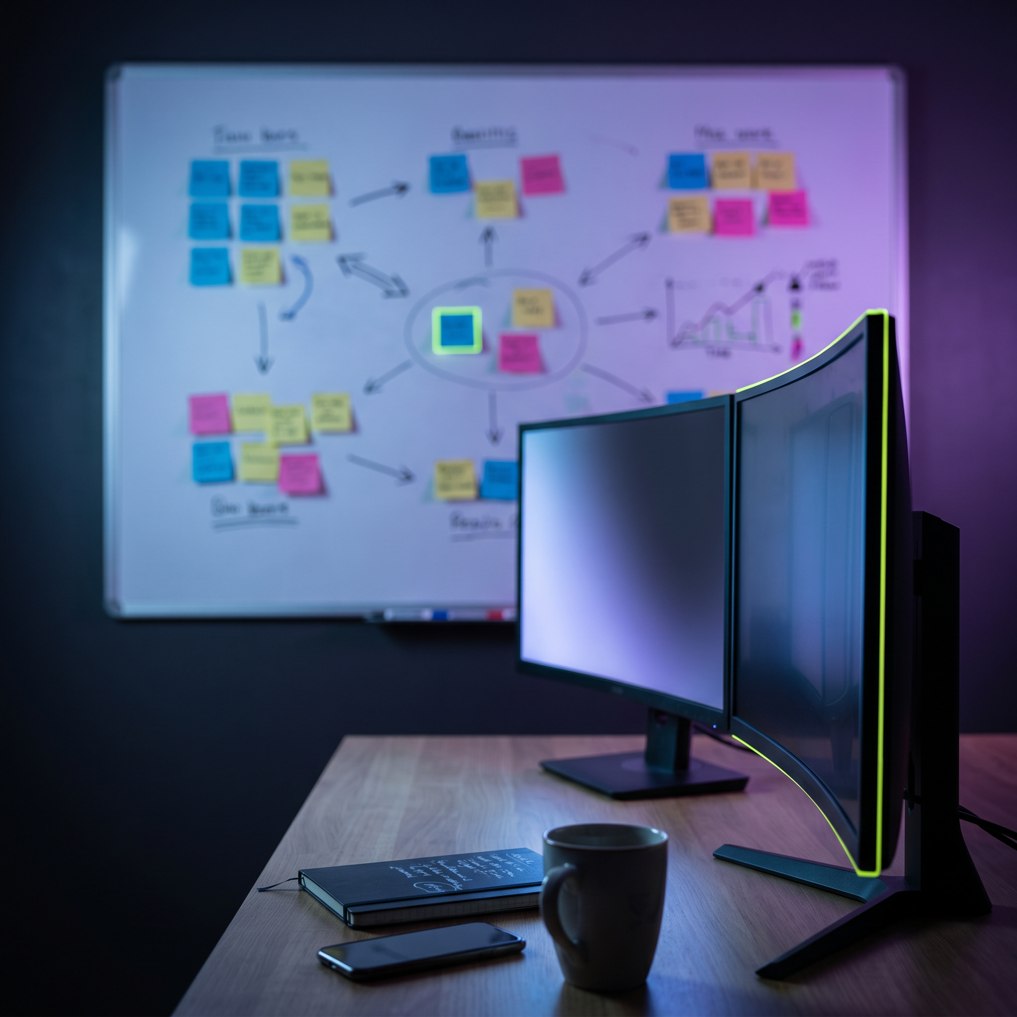 A media buyer's desk setup viewed from a three-quarter angle, dual monitors glowing with softly blurred campaign-structure interfaces (screens angled away from camera, unreadable), a whiteboard mounted on the wall behind mapping customer segments to creative angles with colored sticky notes, arrows, and marker sketches (no legible text), a notebook with handwritten campaign notes, a coffee cup, and a smartphone face-down on the desk