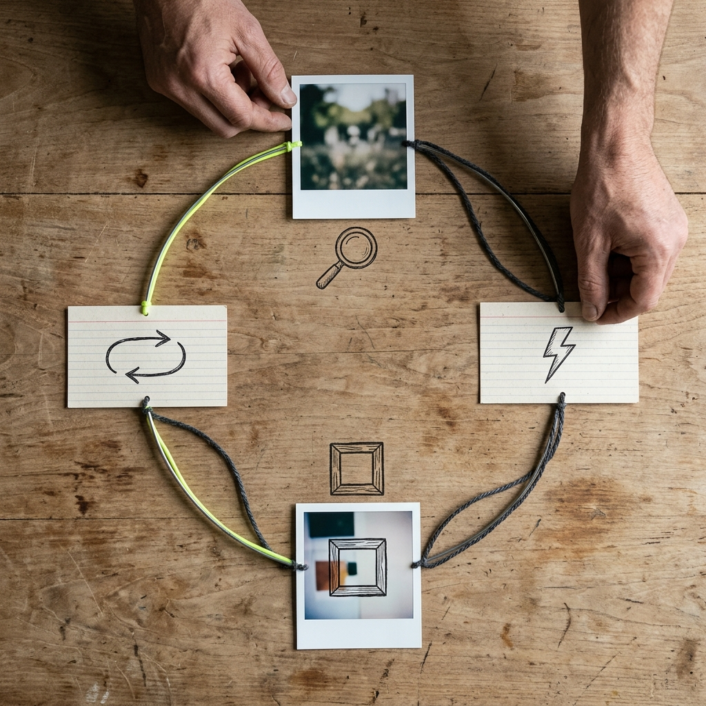 A physical, tactile representation of a strategy flywheel built from real materials on a studio table: circular arrangement of printed photo cards and index cards labeled with icons (a magnifying glass sketch for insight, a lightning bolt for hook, a frame icon for format, an arrow loop for performance) connected by curved string or wire forming a circular flow, viewed from above