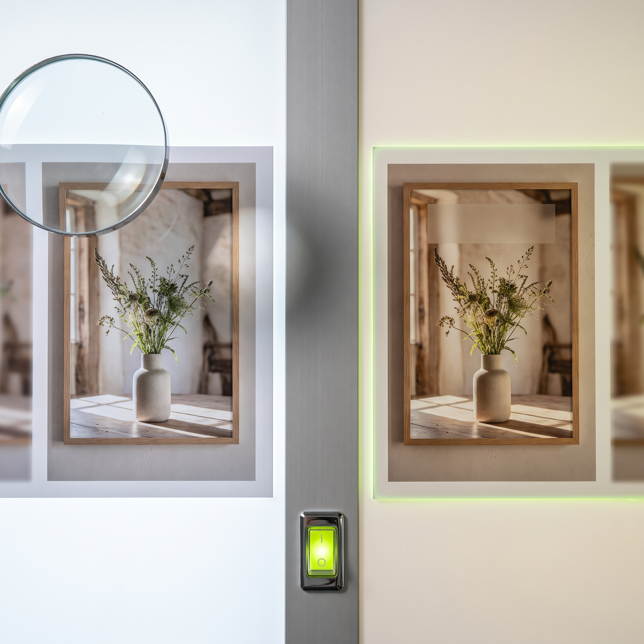 A creative director's light table split by a physical divider: on the left, a printed ad photo (styled product shot with clean natural framing) sits under a loupe; on the right, an identical print shows subtly shifted crop, color grading, and a repositioned headline area (kept blank/blurred), with a real toggle switch prop (a small chrome rocker switch wired to nothing, purely a physical prop) resting on the seam between them, its indicator lit in electric-lime