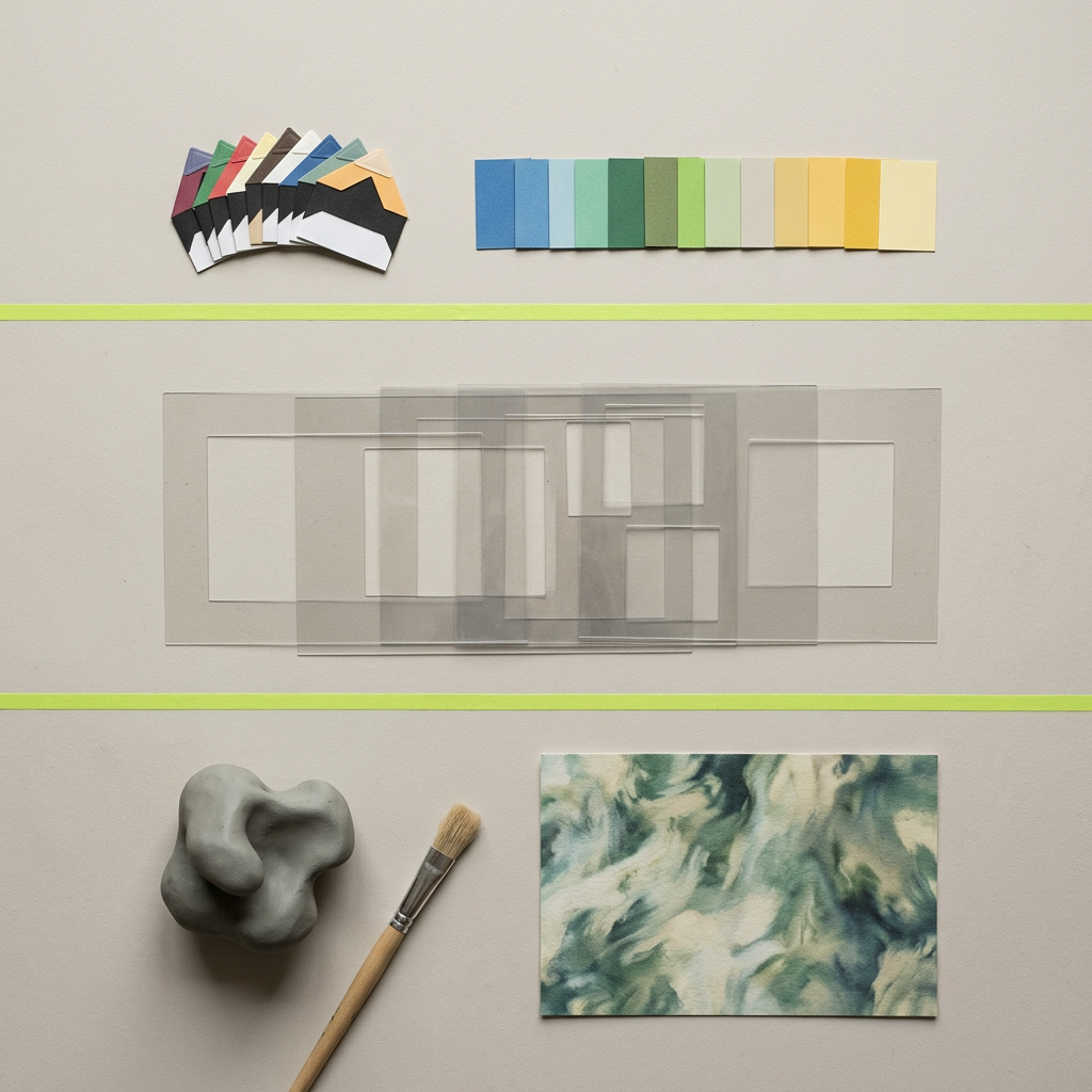 An overhead flat-lay on a studio desk of three neatly arranged rows of physical props sorted by complexity: row one (low-risk) shows simple cropped photo corners and color swatch chips; row two (structural) shows layered acetate sheets with cut-out frames suggesting recomposition and aspect-ratio guides; row three (generative) shows a small clay-rendered object and a paintbrush beside a partially abstract printed texture, hinting at AI-generated imagery without any legible screen or UI