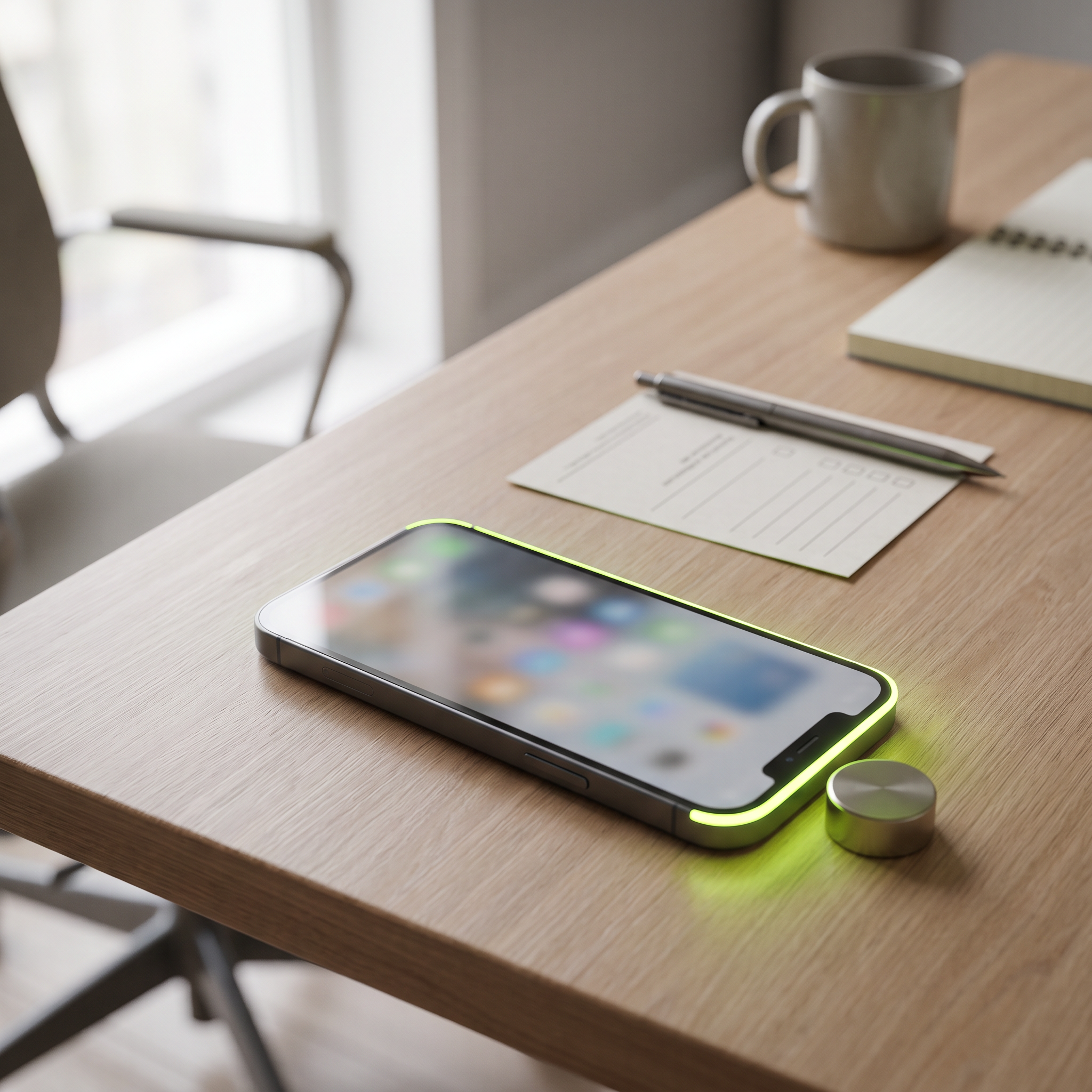A smartphone resting face-up on a minimalist desk, screen angled away from direct view and slightly blurred to obscure UI text, with a soft lime-green rim light catching the edge of the device, beside it a small printed checklist card and a pen resting on top of it