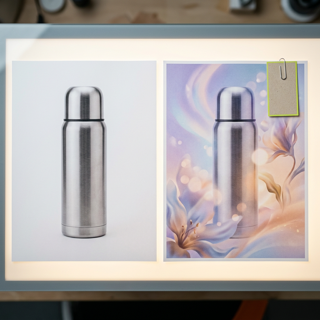 Two printed ad proof sheets laid side by side on a light table, one showing a straightforward product photo and the other showing a product photo with a noticeably stylized, dreamlike background; a small blank label tag is clipped to the corner of the second proof only