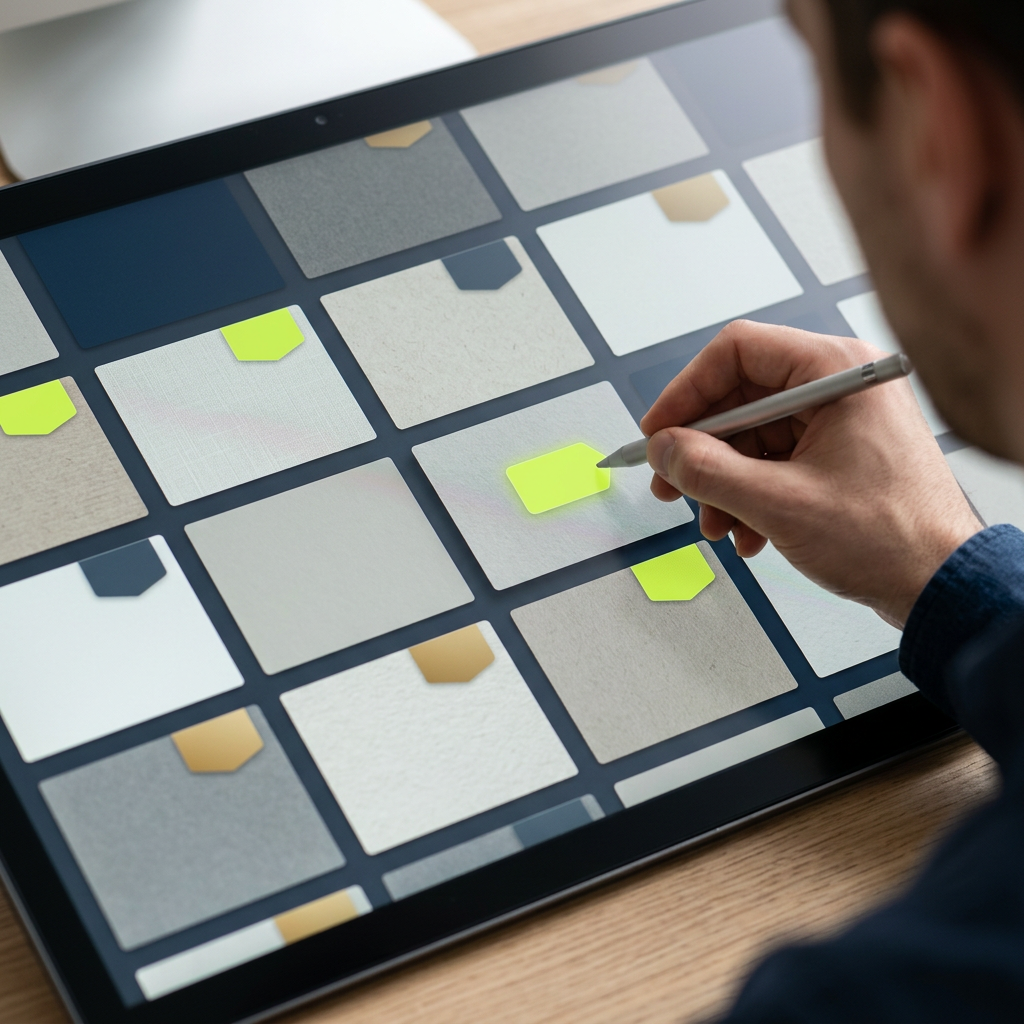A designer's hands adjusting physical creative variant cards (blank mockup cards styled like ad tiles) arranged in a grid on a studio wall, with small blank tag stickers being placed on some cards and not others by a pair of tweezers