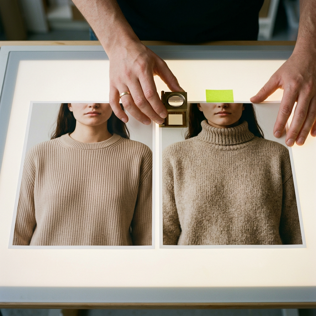 A close-up product comparison on a light table: an original garment product photo printed on the left, and Meta's AI-altered version with a visibly changed collar and fabric texture printed on the right, both photos placed edge to edge