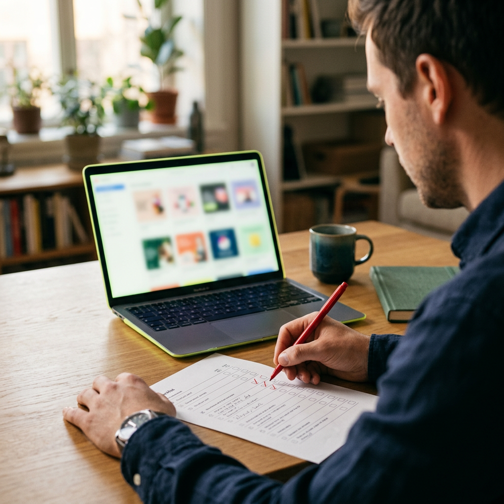 A marketer at a clean desk reviewing a laptop screen turned away from camera, displaying a soft-focus grid of ad creative thumbnails; beside the laptop, a printed checklist page with handwritten checkmarks and a red pen resting on top