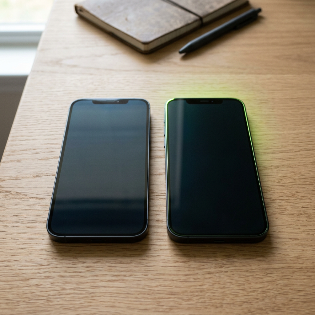 Two smartphones placed side by side on a light wood desk, each screen tilted away from camera at a slight angle, one phone bathed in neutral light and the other catching a distinct electric-lime accent glow near its upper edge to suggest an added disclosure marker, with a blurred notebook and pen nearby
