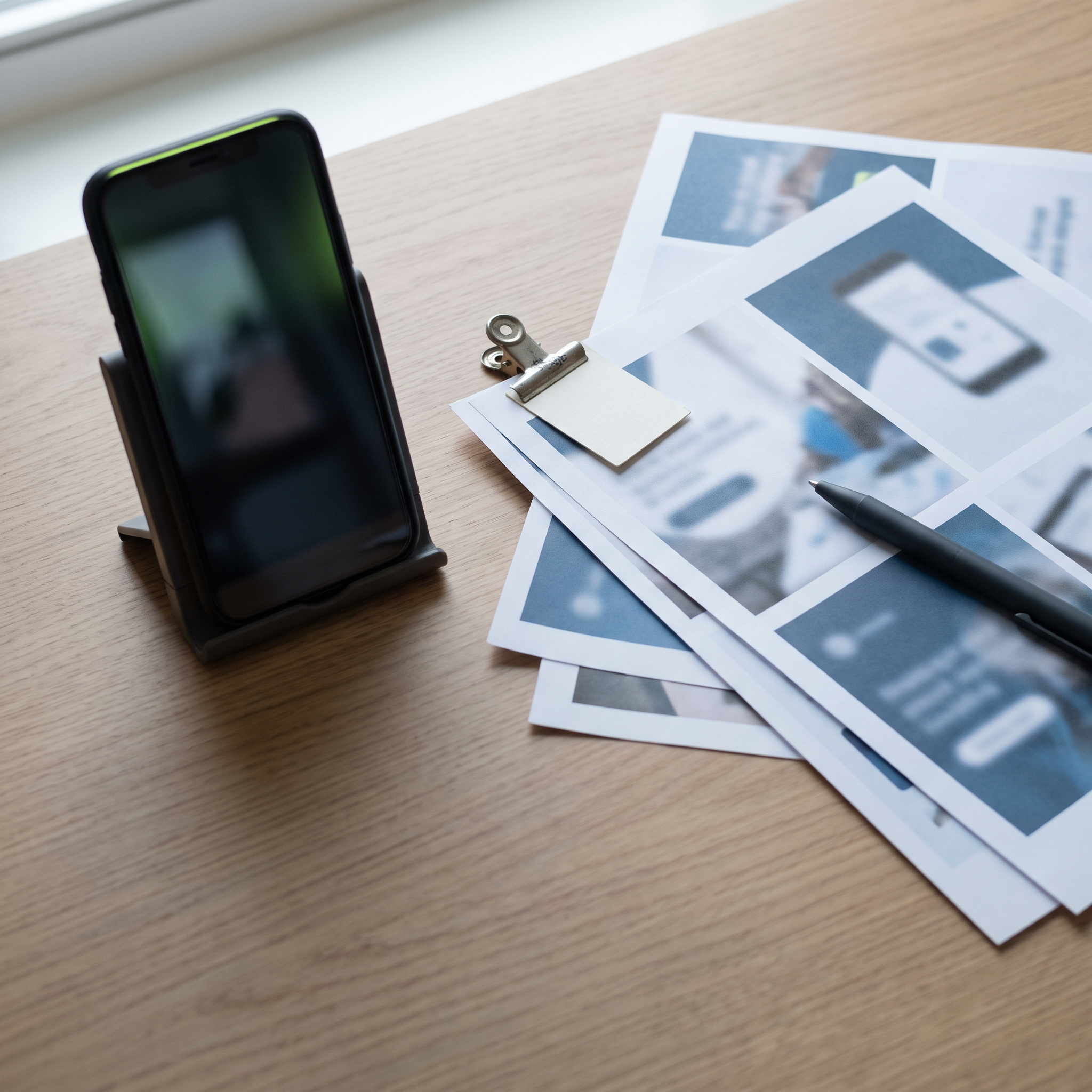 A creative director's desk with a phone propped on a stand, screen turned away/blurred, next to printed proof sheets of ad creative with a small physical tag/sticker reading nothing legible clipped to one corner, suggesting a disclosure label being reviewed