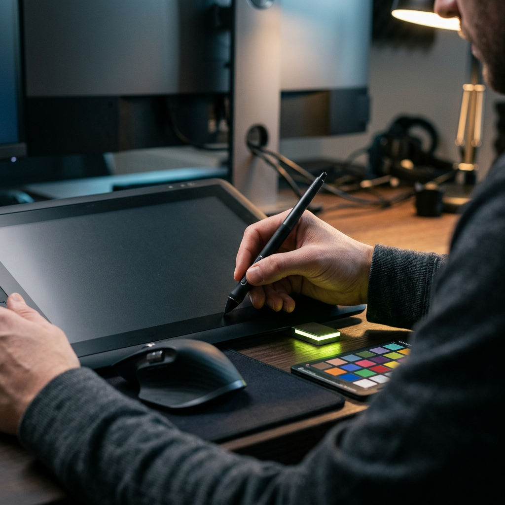 A designer's hands adjusting a tablet stylus near a monitor turned away from camera, with a small illuminated indicator light (standing in for a badge/label) glowing softly on the desk beside a mouse and color-calibration swatch