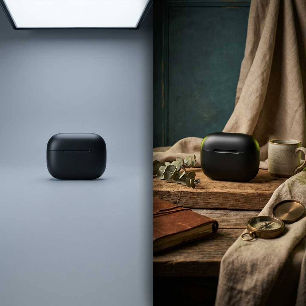 A photography studio table split into two staged setups: left side shows a product on a plain seamless backdrop under softbox light (representing full AI generation stand-in), right side shows the same product styled with real props, fabric, and natural textures against a painted backdrop (representing hybrid real+AI creative)