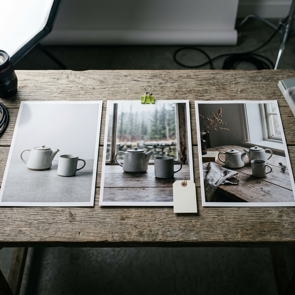 A photographer's studio table showing three printed photo prints laid side by side: an untouched product shot under studio lights, a version with a visibly swapped background scene, and a fully staged lifestyle scene print with props and set dressing — a small blank tag corner visible on the middle print