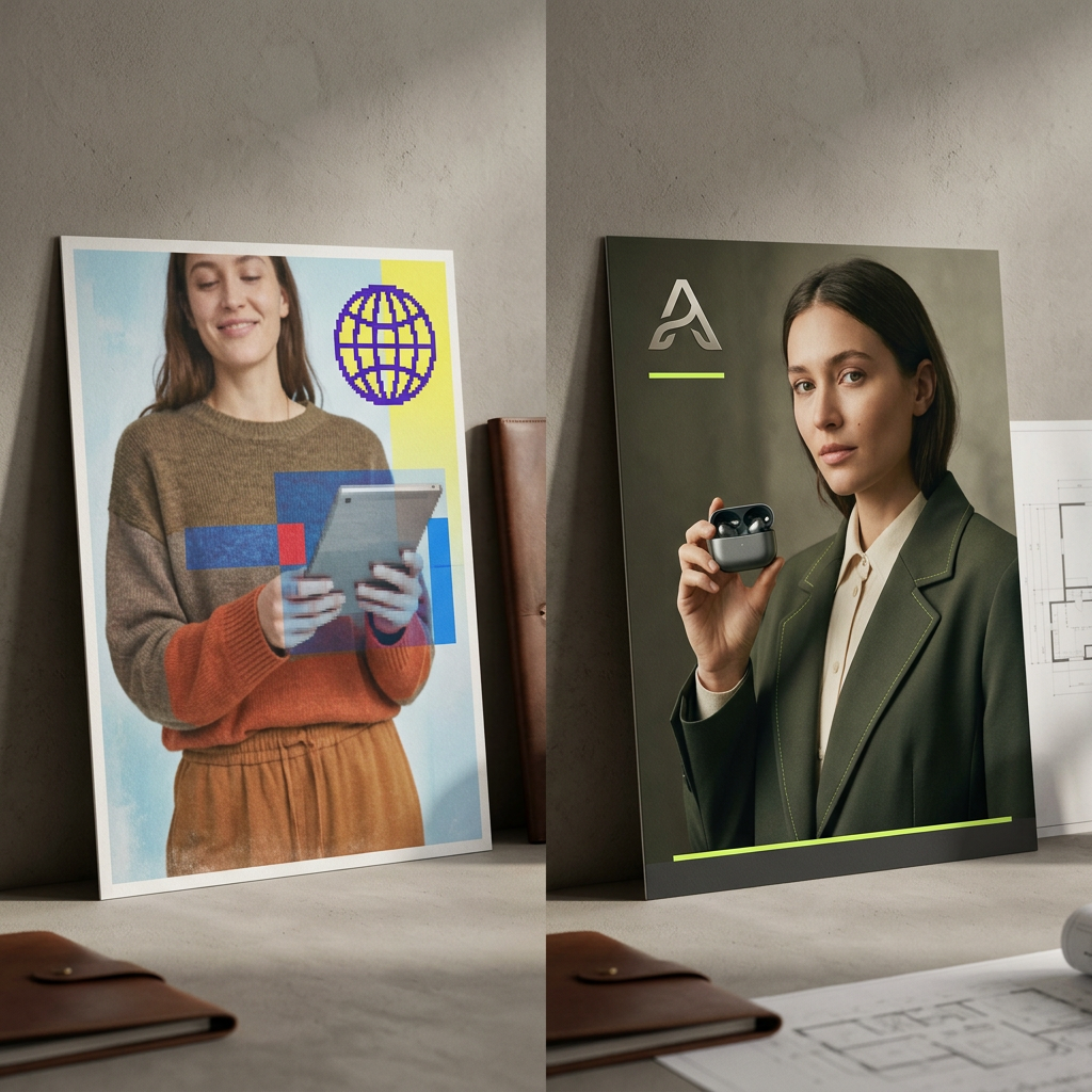 Side-by-side ad mockups showing a generic AI-generated Facebook ad with mismatched branding next to an on-brand version with consistent logo, color palette, and approved product photography