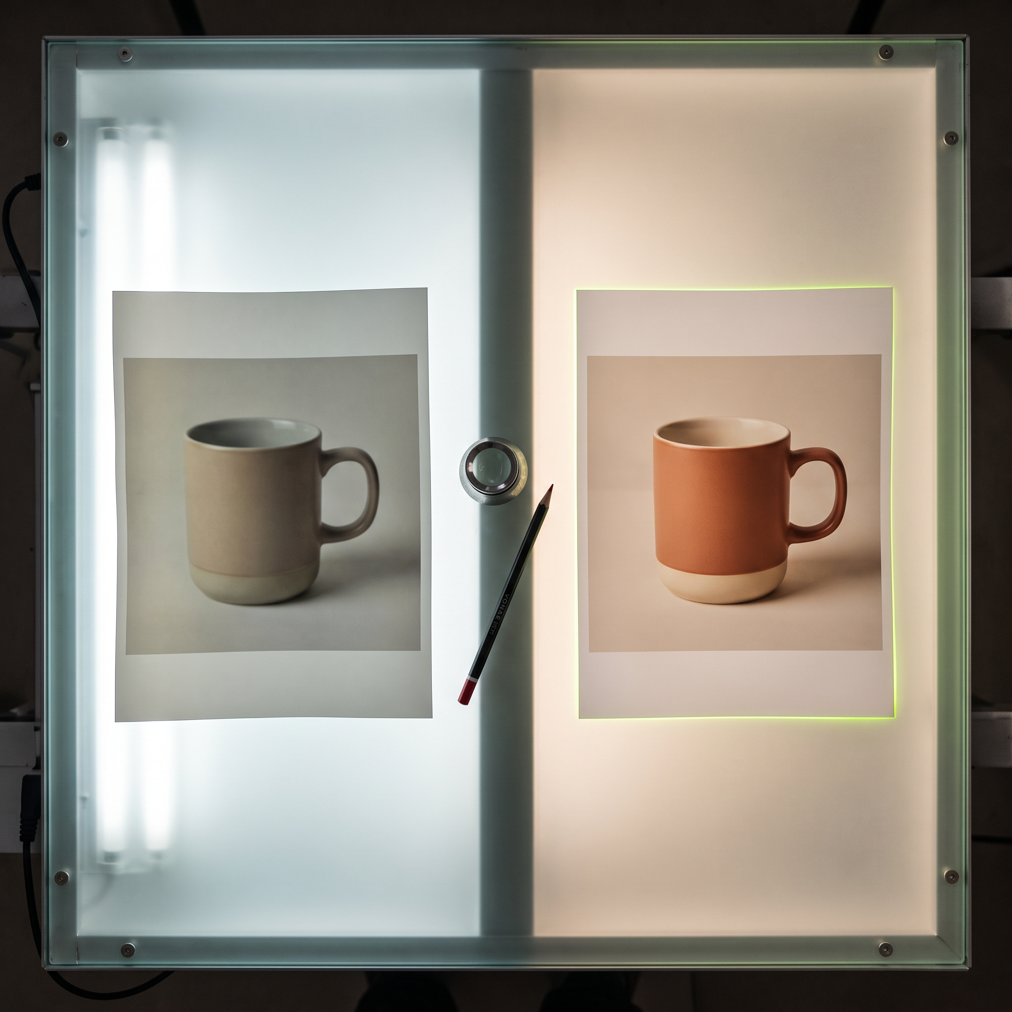 A creative director's light table split by a hard shadow line, with two printed ad proofs laid side by side: the left print shows a slightly distorted, generic product photo with mismatched color casts, the right print shows a crisp, well-composed product photo with consistent brand color tones and clean framing