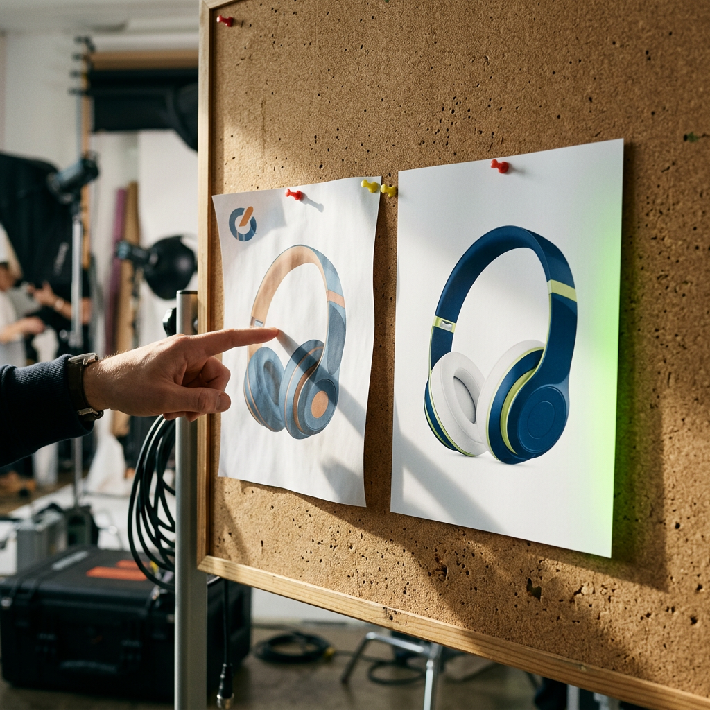 Two mounted product ad prints pinned to a studio wall, one warped and off-brand with an inconsistent logo color, the other polished with correct brand palette and tight product styling