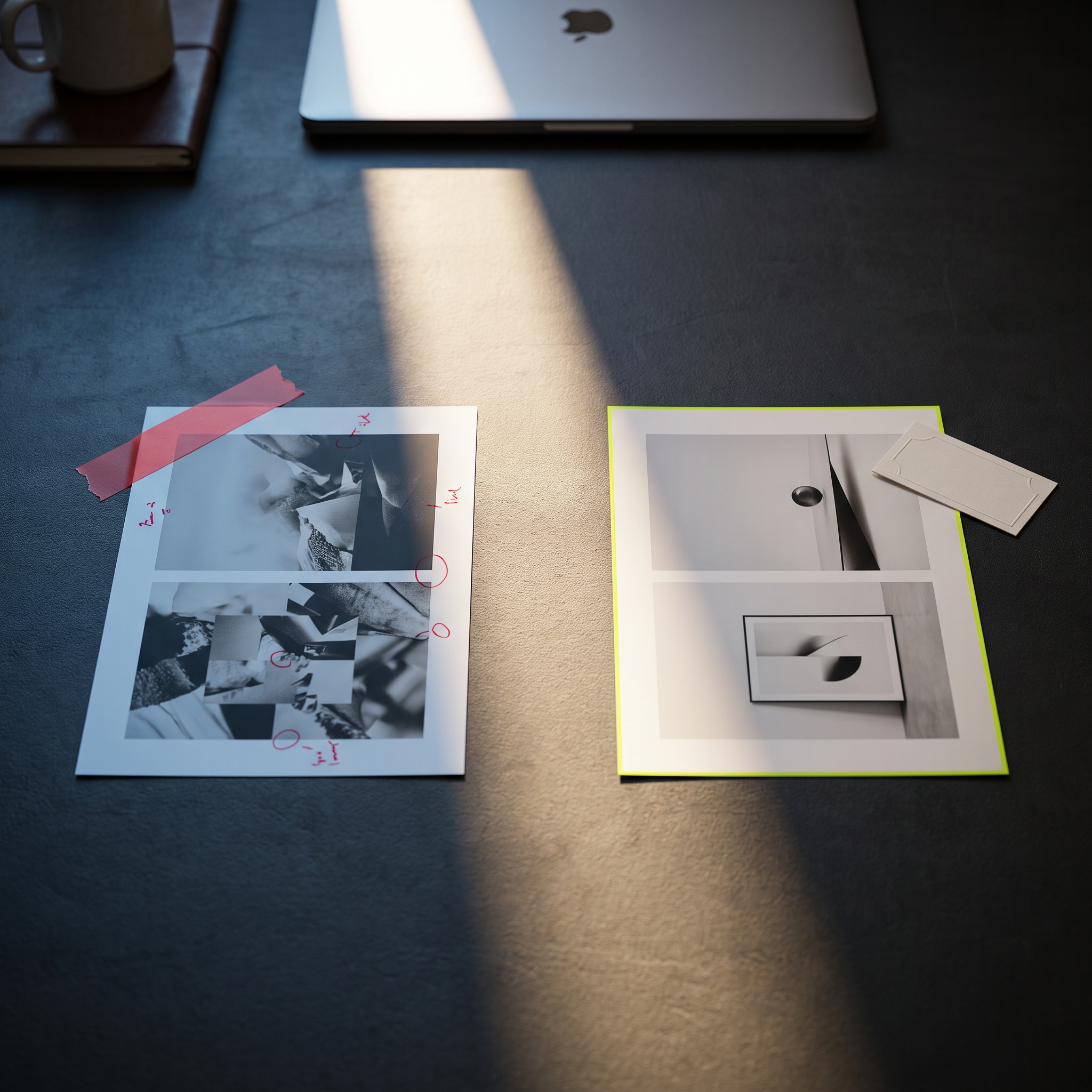 A creative director's desk split by a diagonal beam of light, with two printed ad proof sheets laid side by side — one proof has a strip of red editing tape across the corner marking it flagged for review, the other sits clean beside a small printed disclosure tag reading nothing legible, just a tasteful corner label shape, both proofs resting on a dark studio tabletop