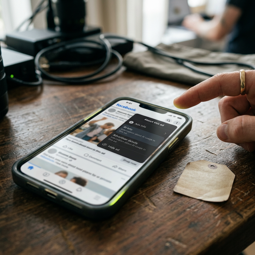 A close-up of a smartphone resting on a studio desk, screen angled away from camera and slightly blurred, with a printed sticky note beside it shaped like a small info tag, and a creative team member's finger hovering near the phone's edge as if about to tap a menu