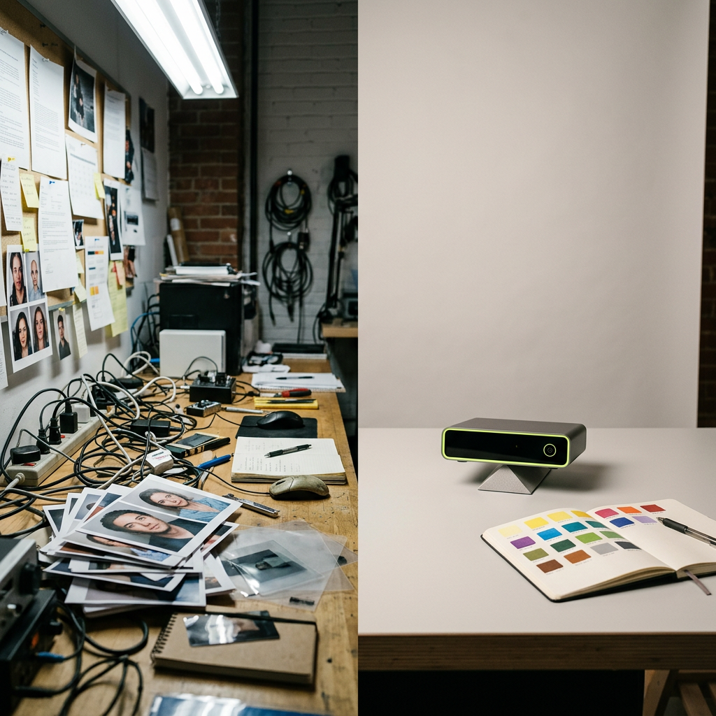 A split studio table shot: on the left, a desk cluttered with printed photos of faces, loose acetate sliders, and a tangle of cables suggesting an improvised risky tool setup; on the right, a clean organized desk with a single product on a seamless background, color swatches neatly fanned out, and a notebook open to blank brand-color swatches